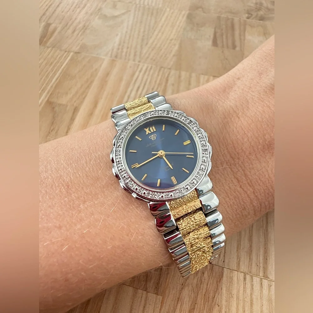 Jules Jurgensen ladies blue dial diamond to tone watch NEW BATTERY